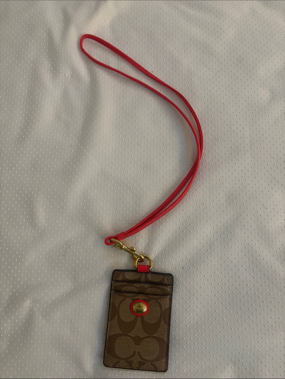 Coach Brown Signature Card Holder Lanyard with Red Strap